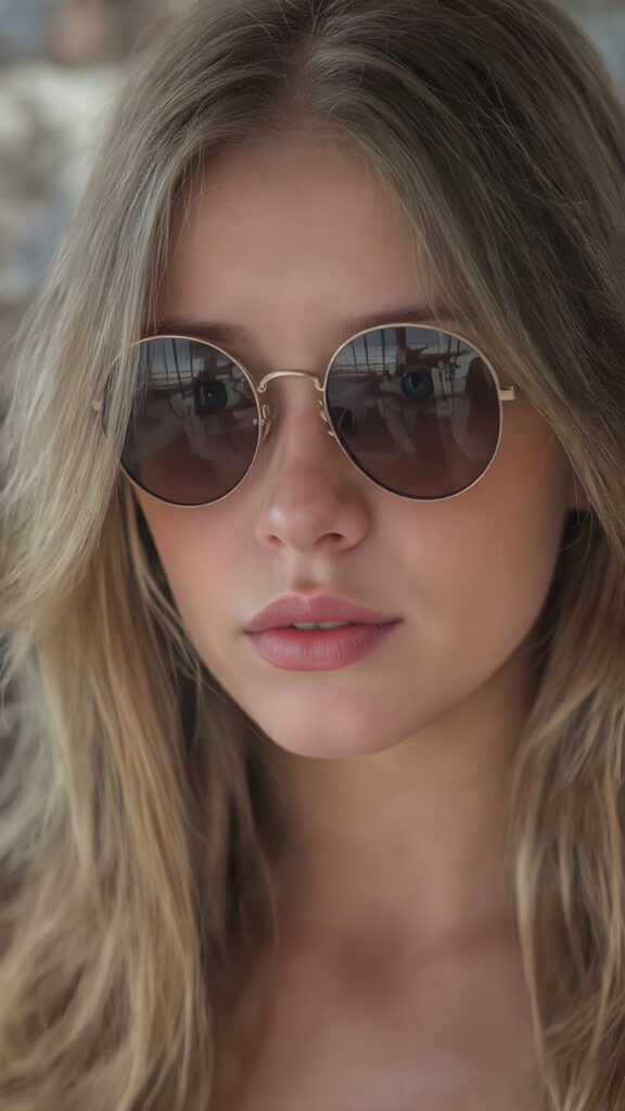 a young girl, flawless pale skin, long wavy hair falling elegantly over her body, full plump red lips, tinted sunglasses