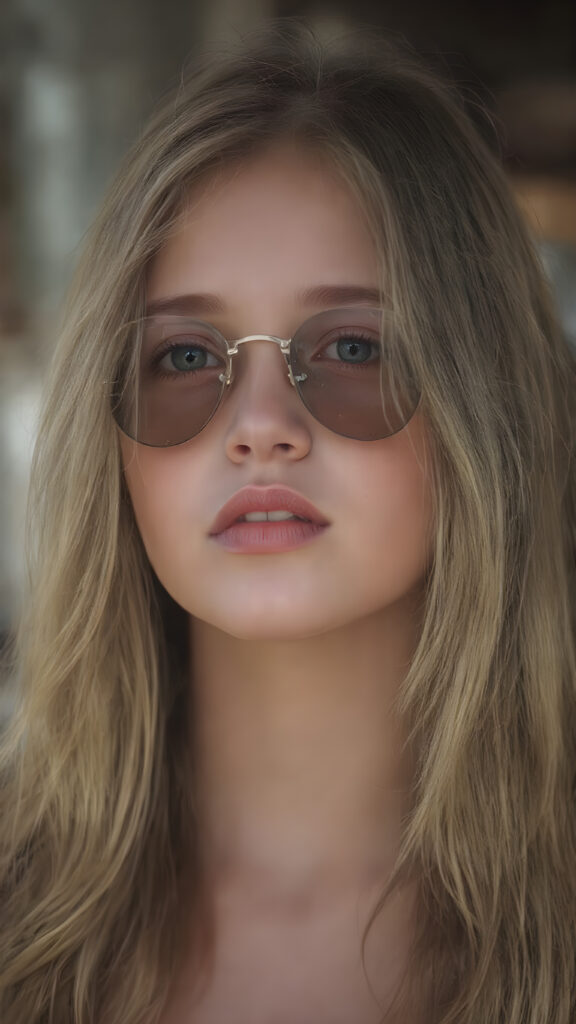 a young girl, flawless pale skin, long wavy hair falling elegantly over her body, full plump red lips, tinted sunglasses