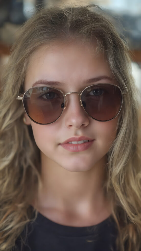 a young girl, flawless pale skin, long wavy hair falling elegantly over her body, full plump red lips, tinted sunglasses