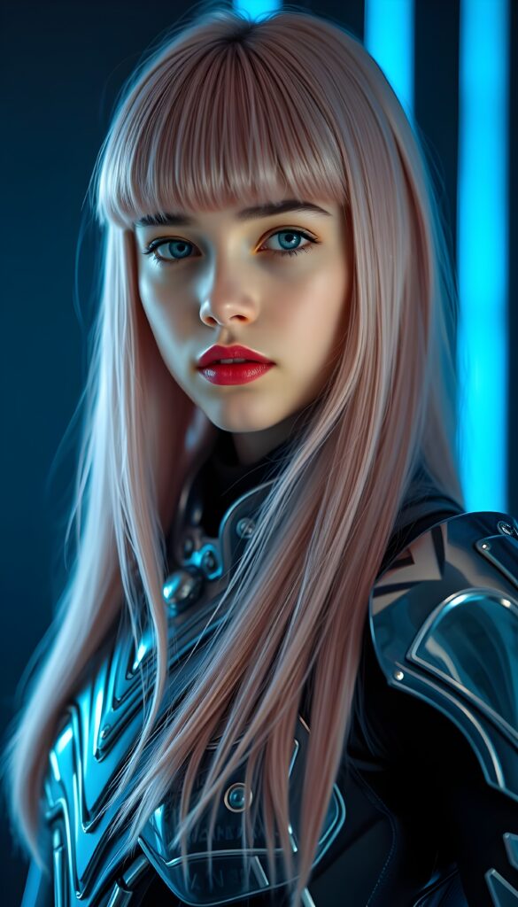 a young girl, futuristic armor made of platinum, she has long straight pink hair falls down in the same length, full body shot, dark blue neon backdrop, crystal clear blue eyes. Bangs cut frame her face. Flawless skin. Full kissable plump red lips. Slightly side view.