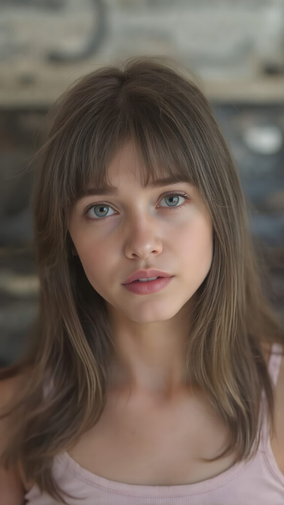 a (((young girl))), wears a short cropped tank top, straight soft long hair, ((round face)), full kissable lips, looks like a Lolita