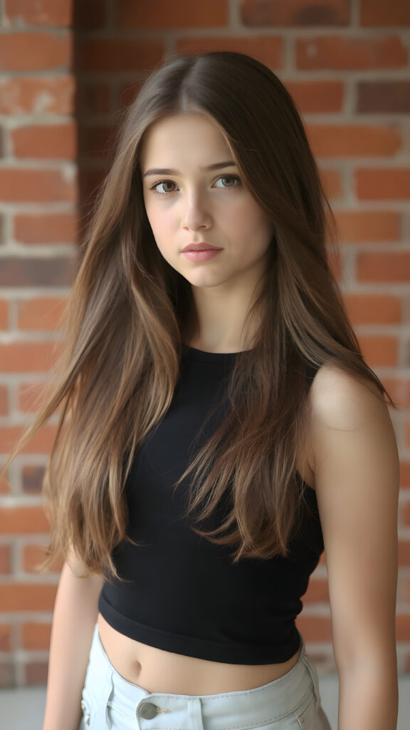 a young girl in pose, wearing black tight cropped tank top, flowing long brown hair shine with bright light, against the background of a red brick wall