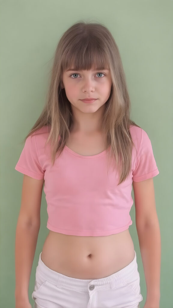 a young girl in a pink plain cropped t-shirt with a deep neck, busty. She has straight and flowing light brown shoulder-length hair, and a perfect, athletic body. She wears white short sports pants, perfect, flawlessly beautiful legs, she exposes her belly button, flawless skin