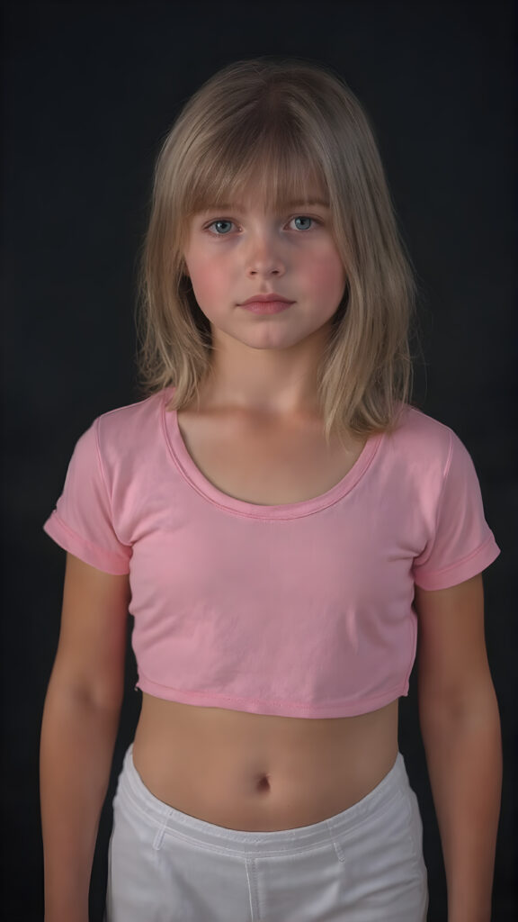a young girl in a pink plain cropped t-shirt with a deep neck, busty. She has straight and flowing light brown shoulder-length hair, and a perfect, athletic body. She wears white short sports pants, perfect, flawlessly beautiful legs, she exposes her belly button, flawless skin, dark backdrop