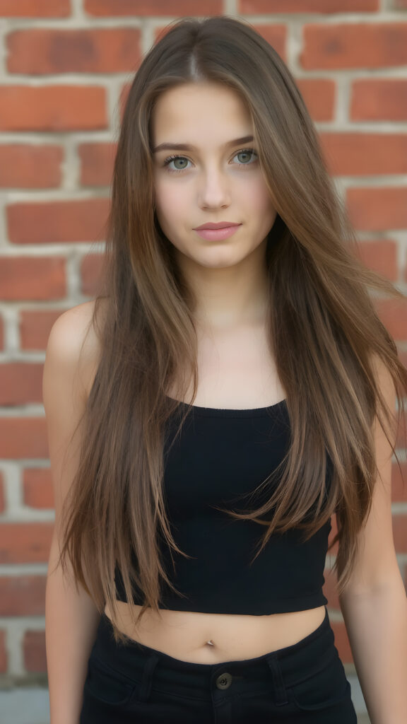 a young girl in pose, wearing black tight cropped tank top, flowing long brown hair shine with bright light, against the background of a red brick wall