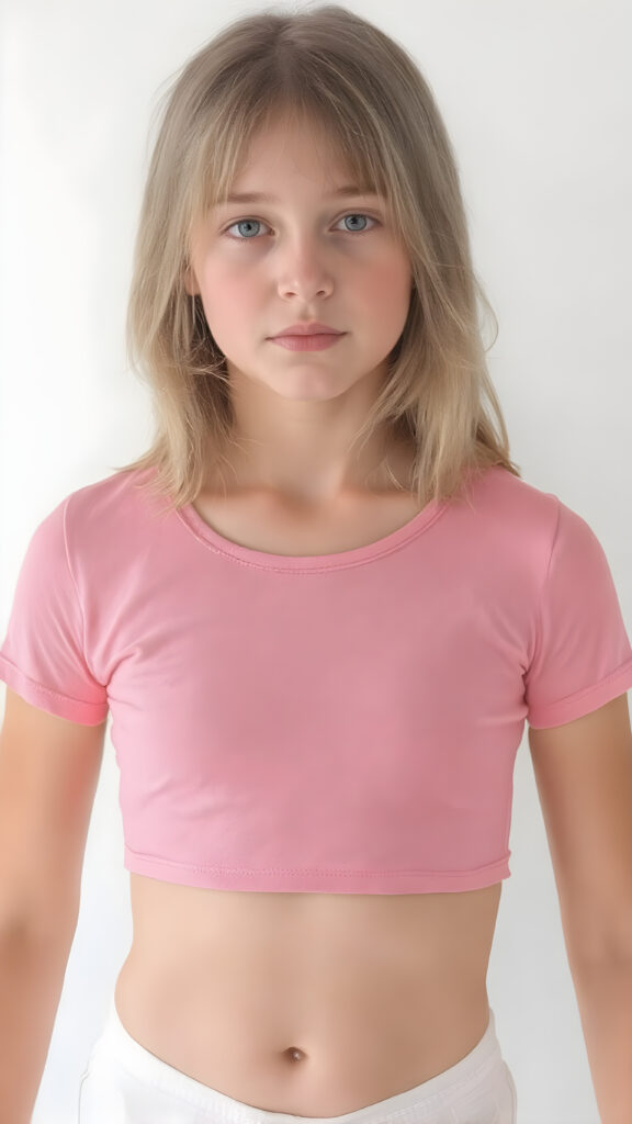 a young girl in a pink plain cropped t-shirt with a deep neck, busty. She has straight and flowing light brown shoulder-length hair, and a perfect, athletic body. She wears white short sports pants, perfect, flawlessly beautiful legs, she exposes her belly button, flawless skin