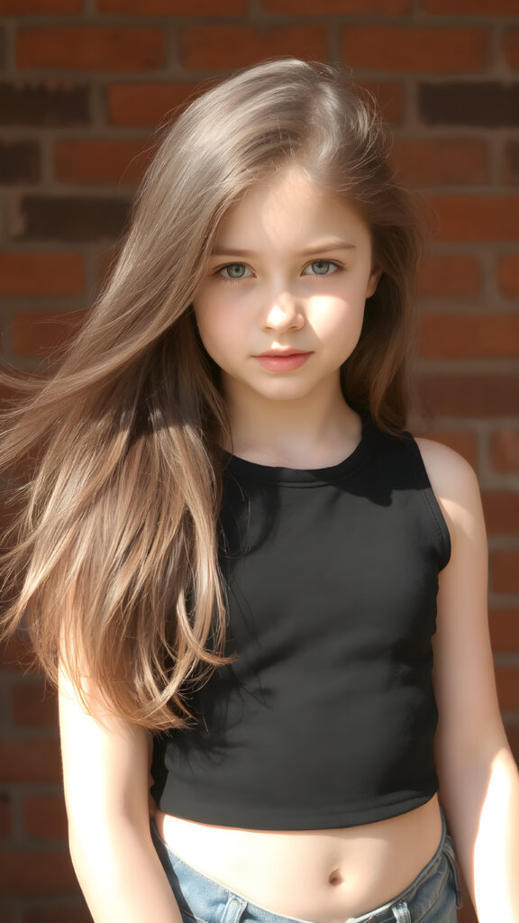 a young girl in pose, wearing black tight cropped tank top, flowing long brown hair shine with bright light, against the background of a red brick wall