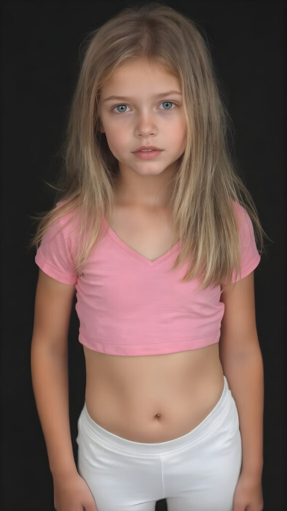 a young girl in a pink plain cropped t-shirt with a deep neck, busty. She has straight and flowing light brown shoulder-length hair, and a perfect, athletic body. She wears white short sports pants, perfect, flawlessly beautiful legs, she exposes her belly button, flawless skin, dark backdrop