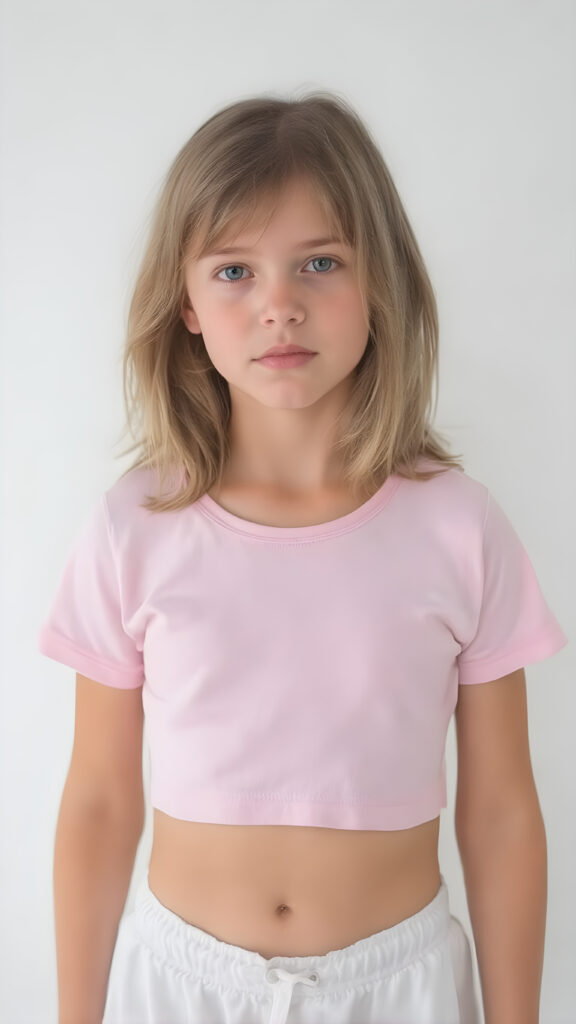 a young girl in a pink plain cropped t-shirt with a deep neck, busty. She has straight and flowing light brown shoulder-length hair, and a perfect, athletic body. She wears white short sports pants, perfect, flawlessly beautiful legs, she exposes her belly button, flawless skin