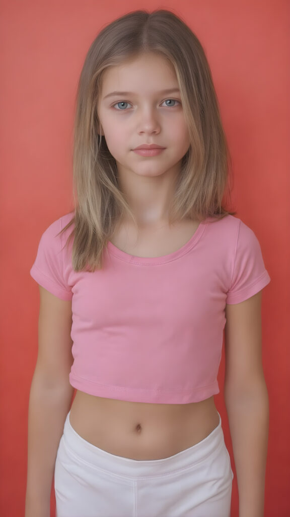 a young girl in a pink plain cropped t-shirt with a deep neck, busty. She has straight and flowing light brown shoulder-length hair, and a perfect, athletic body. She wears white short sports pants, perfect, flawlessly beautiful legs, she exposes her belly button, flawless skin