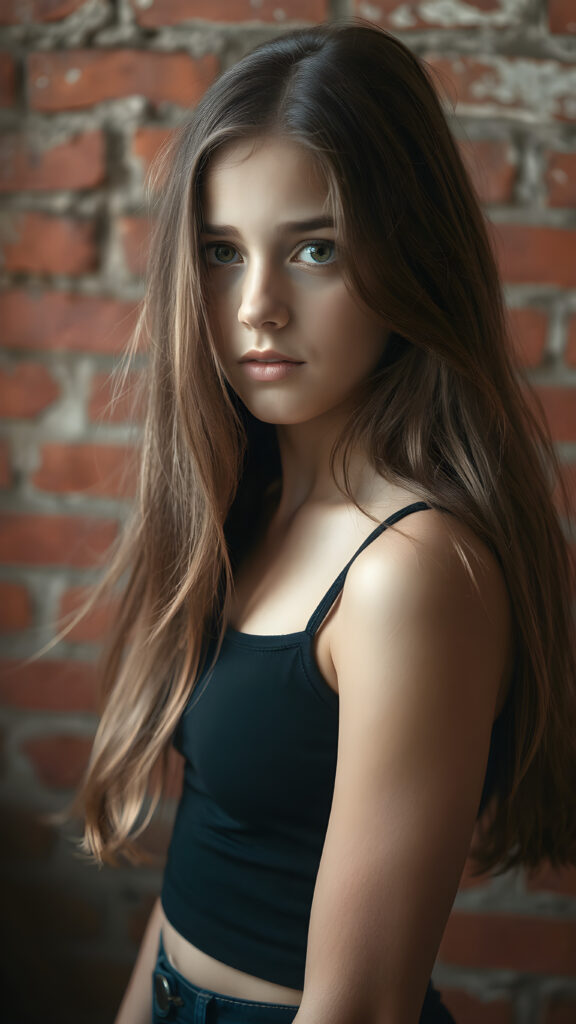 a young girl in pose, wearing black tight cropped tank top, flowing long brown hair shine with bright light, against the background of a red brick wall