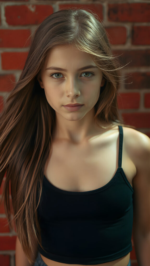 a young girl in pose, wearing black tight cropped tank top, flowing long brown hair shine with bright light, against the background of a red brick wall