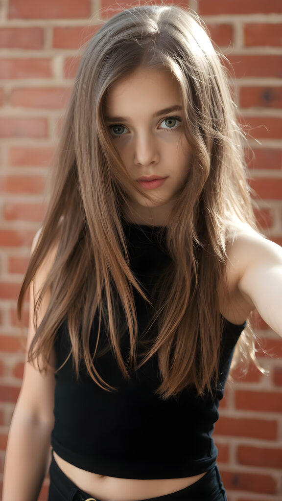 a young girl in pose, wearing black tight cropped tank top, flowing long brown hair shine with bright light, against the background of a red brick wall