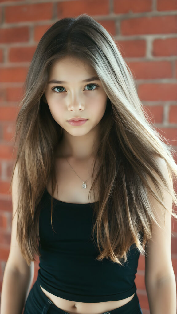 a young girl in pose, wearing black tight cropped tank top, flowing long brown hair shine with bright light, against the background of a red brick wall