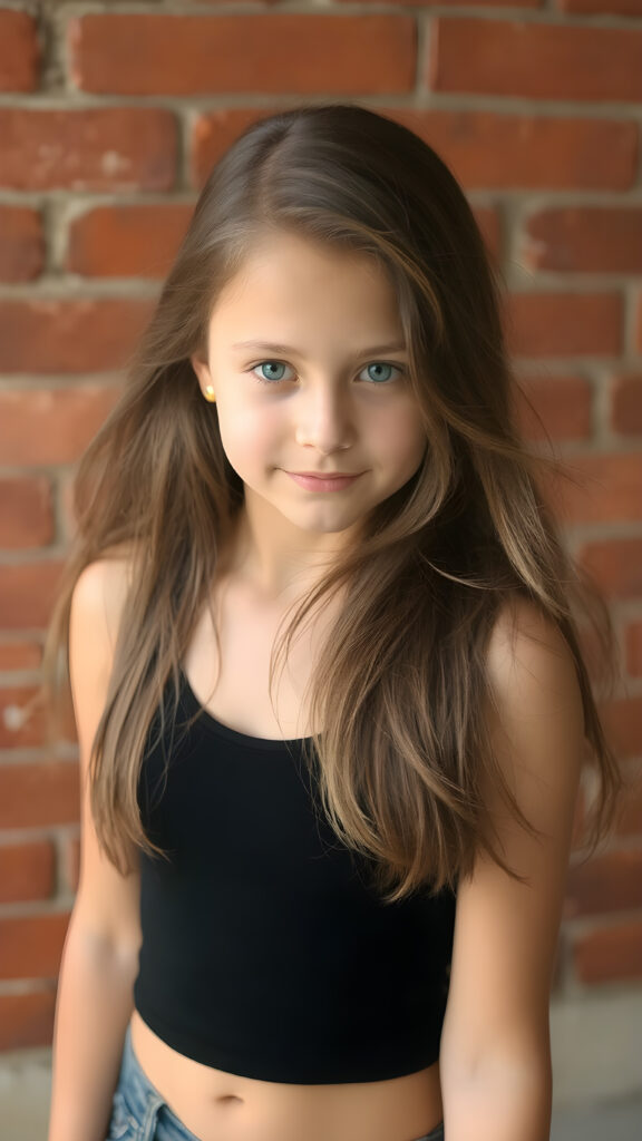 a young girl in pose, wearing black tight cropped tank top, flowing long brown hair shine with bright light, against the background of a red brick wall