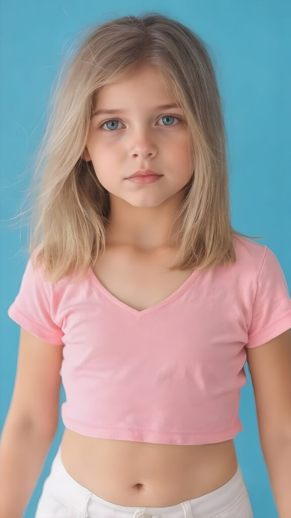 a young girl in a pink plain cropped t-shirt with a deep neck, busty. She has straight and flowing light brown shoulder-length hair, and a perfect, athletic body. She wears white short sports pants, perfect, flawlessly beautiful legs, she exposes her belly button, flawless skin