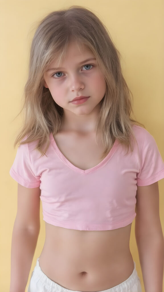 a young girl in a pink plain cropped t-shirt with a deep neck, busty. She has straight and flowing light brown shoulder-length hair, and a perfect, athletic body. She wears white short sports pants, perfect, flawlessly beautiful legs, she exposes her belly button, flawless skin