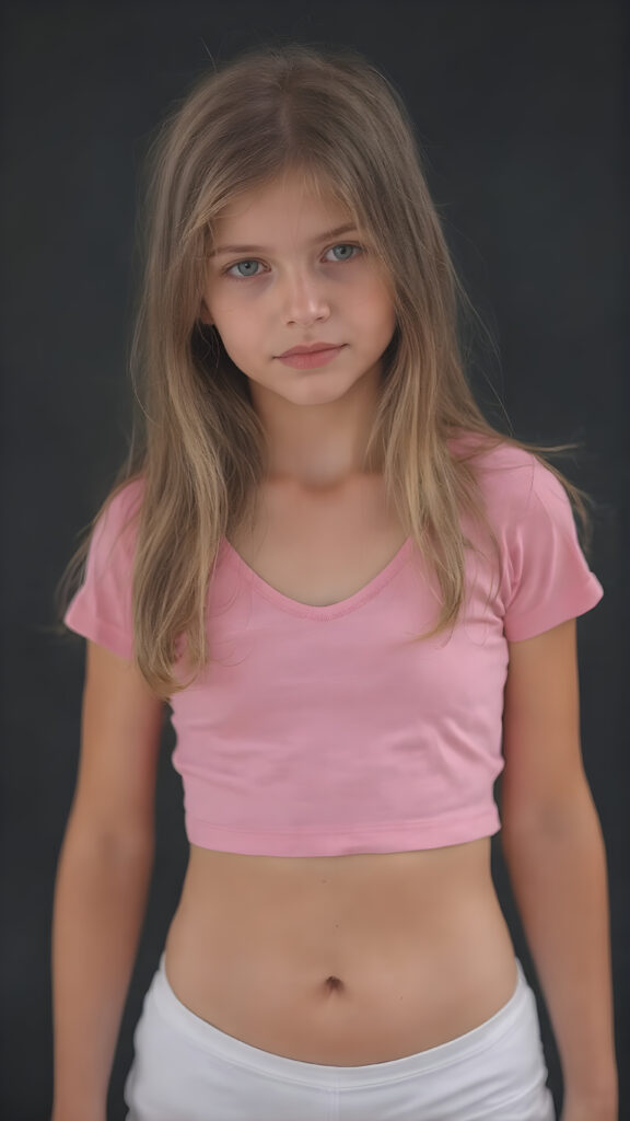 a young girl in a pink plain cropped t-shirt with a deep neck, busty. She has straight and flowing light brown shoulder-length hair, and a perfect, athletic body. She wears white short sports pants, perfect, flawlessly beautiful legs, she exposes her belly button, flawless skin, dark backdrop