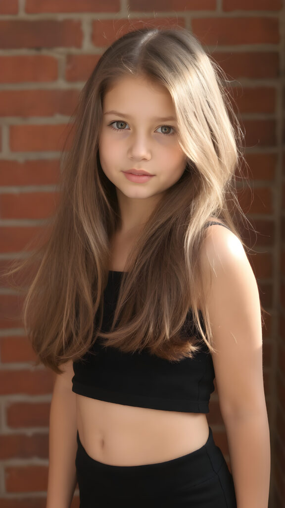 a young girl in pose, wearing black tight cropped tank top, flowing long brown hair shine with bright light, against the background of a red brick wall