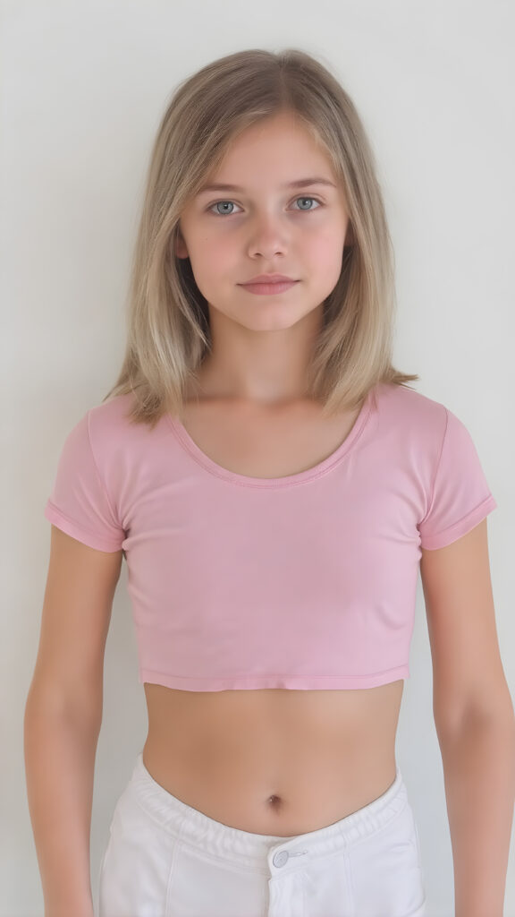 a young girl in a pink plain cropped t-shirt with a deep neck, busty. She has straight and flowing light brown shoulder-length hair, and a perfect, athletic body. She wears white short sports pants, perfect, flawlessly beautiful legs, she exposes her belly button, flawless skin