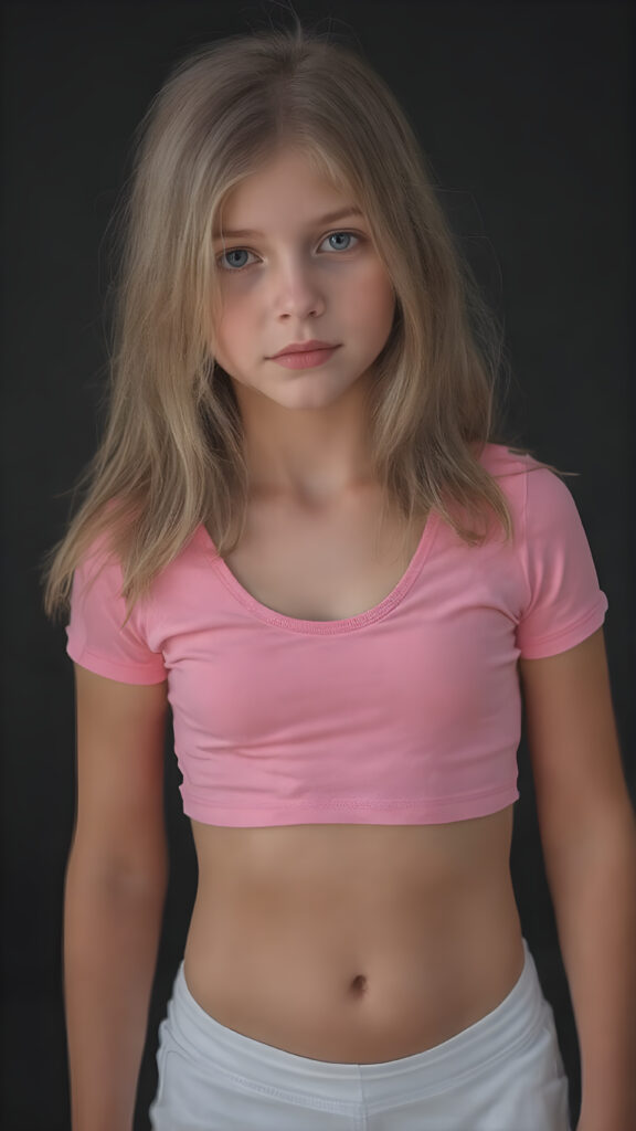 a young girl in a pink plain cropped t-shirt with a deep neck, busty. She has straight and flowing light brown shoulder-length hair, and a perfect, athletic body. She wears white short sports pants, perfect, flawlessly beautiful legs, she exposes her belly button, flawless skin, dark backdrop