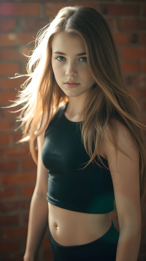 a young girl in pose, wearing black tight cropped tank top, flowing long brown hair shine with bright light, against the background of a red brick wall