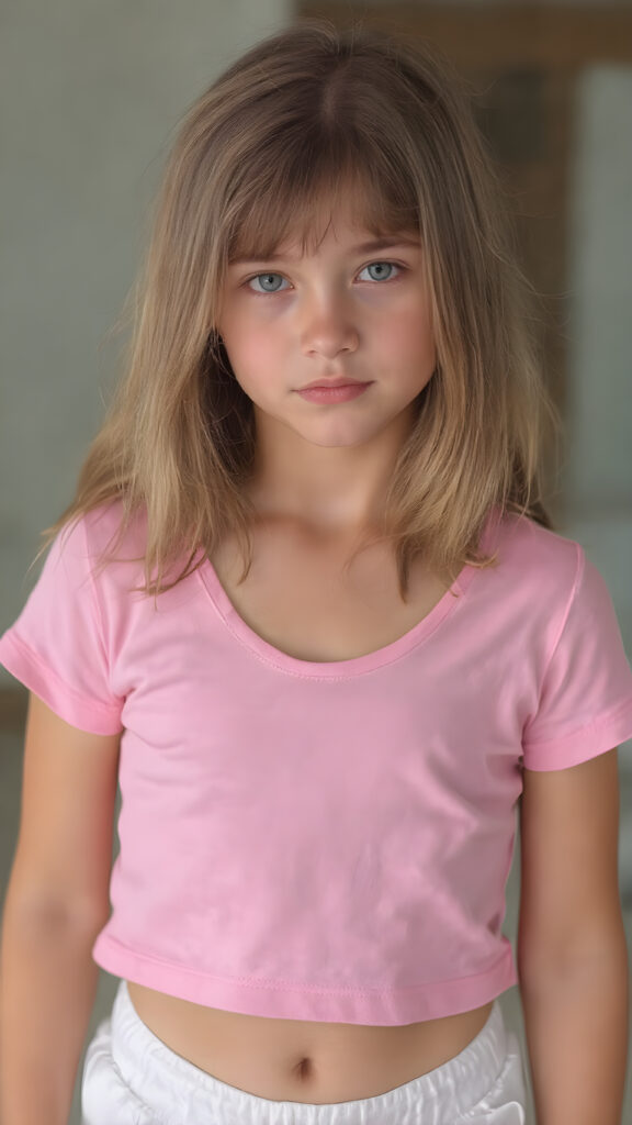 a young girl in a pink plain cropped t-shirt with a deep neck, busty. She has straight and flowing light brown shoulder-length hair, and a perfect, athletic body. She wears white short sports pants, perfect, flawlessly beautiful legs, she exposes her belly button, flawless skin