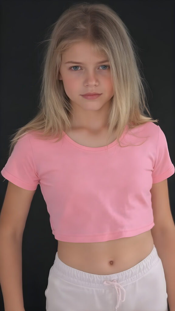 a young girl in a pink plain cropped t-shirt with a deep neck, busty. She has straight and flowing light brown shoulder-length hair, and a perfect, athletic body. She wears white short sports pants, perfect, flawlessly beautiful legs, she exposes her belly button, flawless skin, dark backdrop