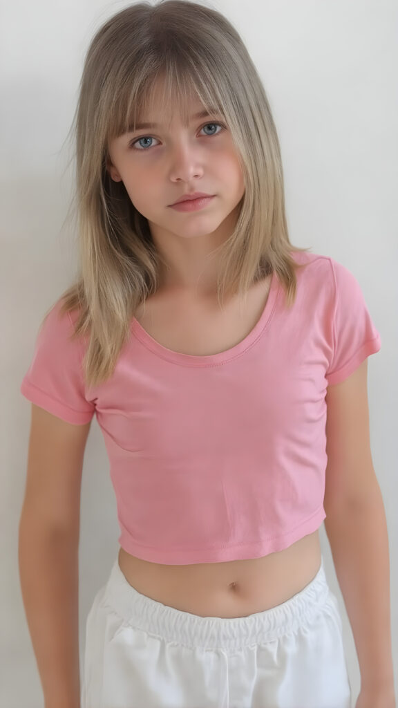 a young girl in a pink plain cropped t-shirt with a deep neck, busty. She has straight and flowing light brown shoulder-length hair, and a perfect, athletic body. She wears white short sports pants, perfect, flawlessly beautiful legs, she exposes her belly button, flawless skin