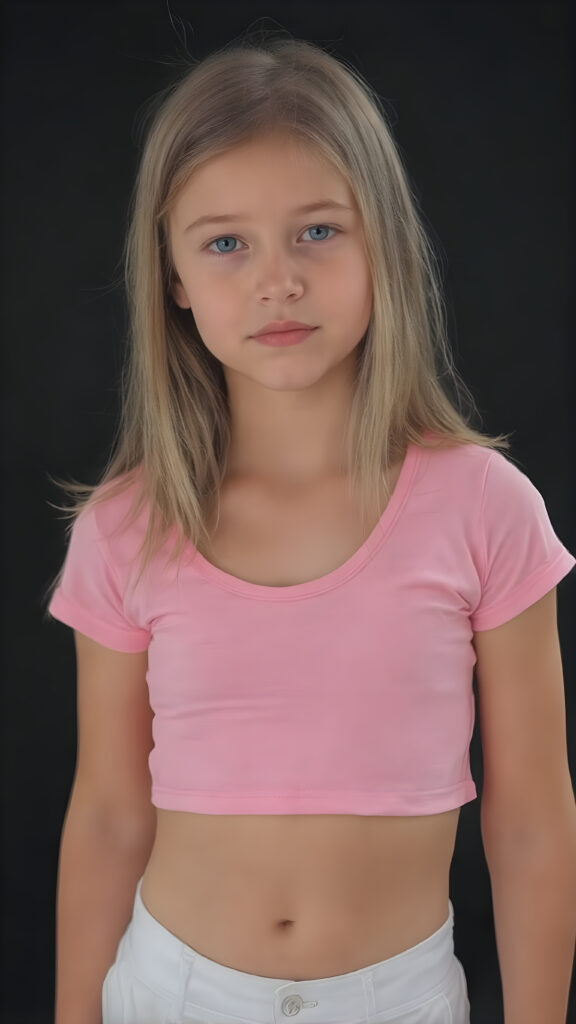 a young girl in a pink plain cropped t-shirt with a deep neck, busty. She has straight and flowing light brown shoulder-length hair, and a perfect, athletic body. She wears white short sports pants, perfect, flawlessly beautiful legs, she exposes her belly button, flawless skin