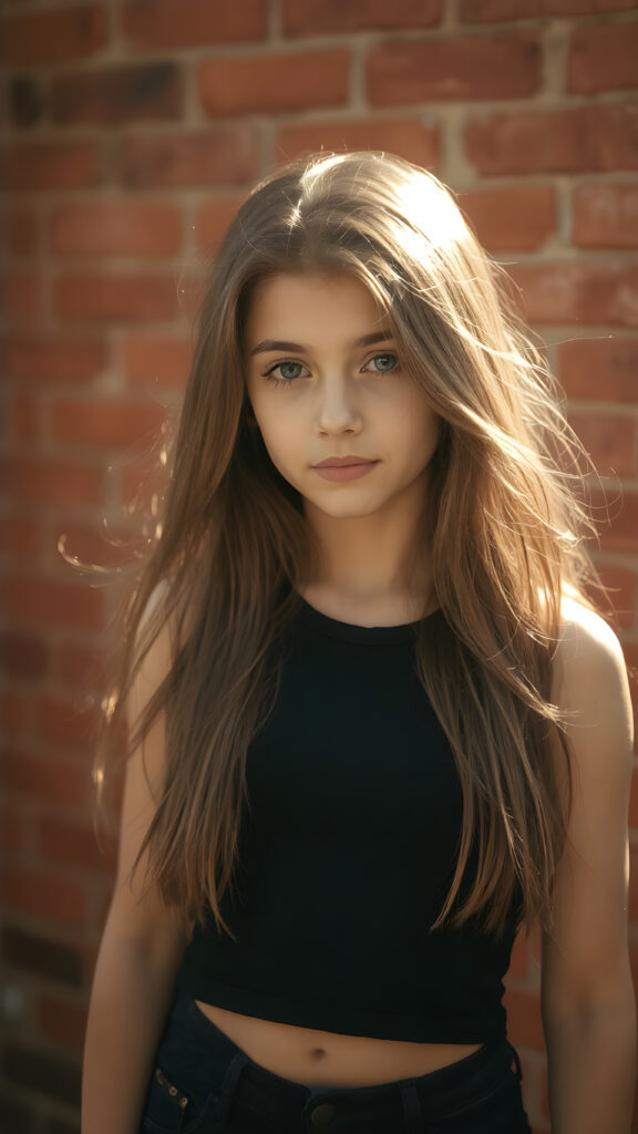 a young girl in pose, wearing black tight cropped tank top, flowing long brown hair shine with bright light, against the background of a red brick wall