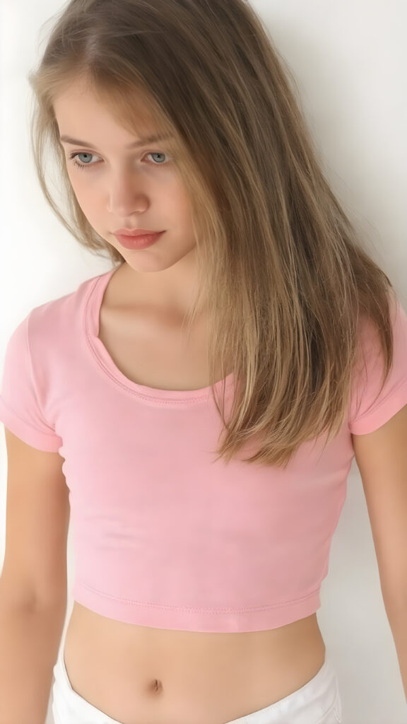 a young girl in a pink plain cropped t-shirt with a deep neck, busty. She has straight and flowing light brown shoulder-length hair, and a perfect, athletic body. She wears white short sports pants, perfect, flawlessly beautiful legs, she exposes her belly button, flawless skin