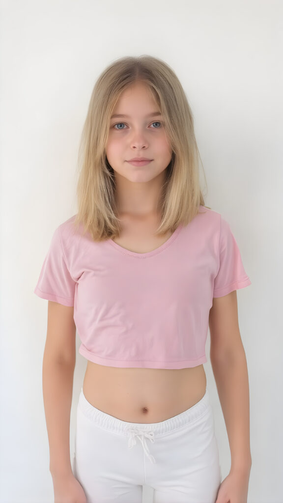 a young girl in a pink plain cropped t-shirt with a deep neck, busty. She has straight and flowing light brown shoulder-length hair, and a perfect, athletic body. She wears white short sports pants, perfect, flawlessly beautiful legs, she exposes her belly button, flawless skin