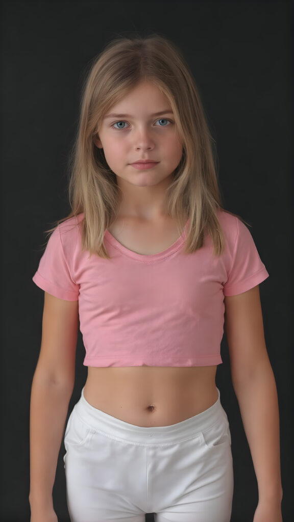 a young girl in a pink plain cropped t-shirt with a deep neck, busty. She has straight and flowing light brown shoulder-length hair, and a perfect, athletic body. She wears white short sports pants, perfect, flawlessly beautiful legs, she exposes her belly button, flawless skin, dark backdrop
