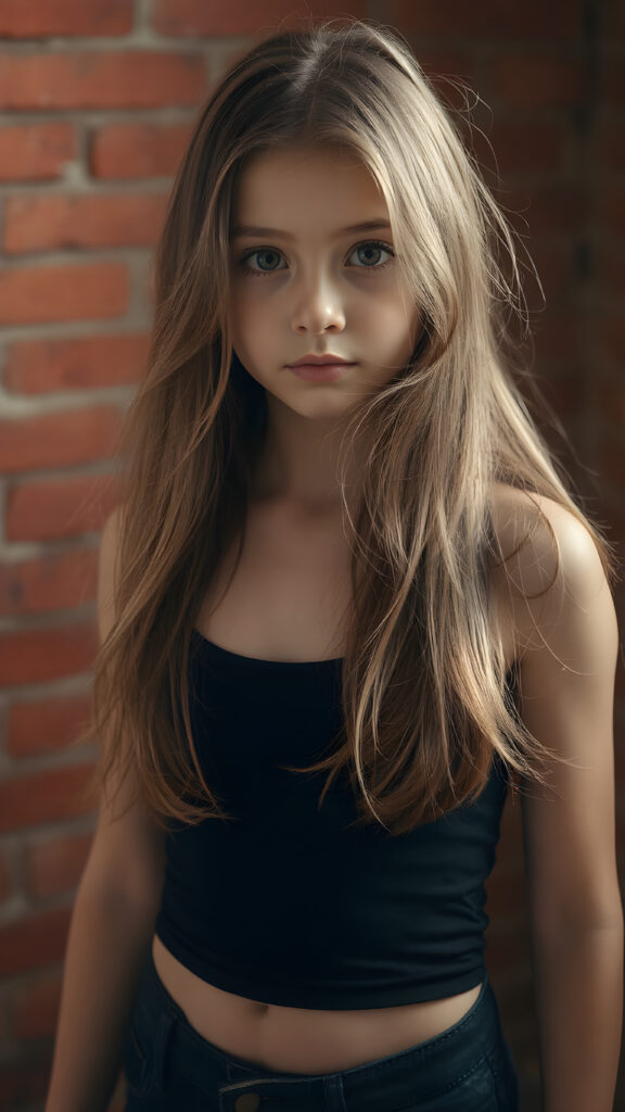 a young girl in pose, wearing black tight cropped tank top, flowing long brown hair shine with bright light, against the background of a red brick wall