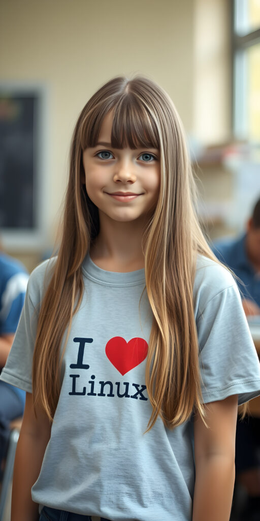 a young girl, long straight open brown soft hair with white highlights, bangs, her hair has the same length right and left, (she wears a light grey thin t-shirt with the inscription («I love Linux»)))), detailed, all against a backdrop in school