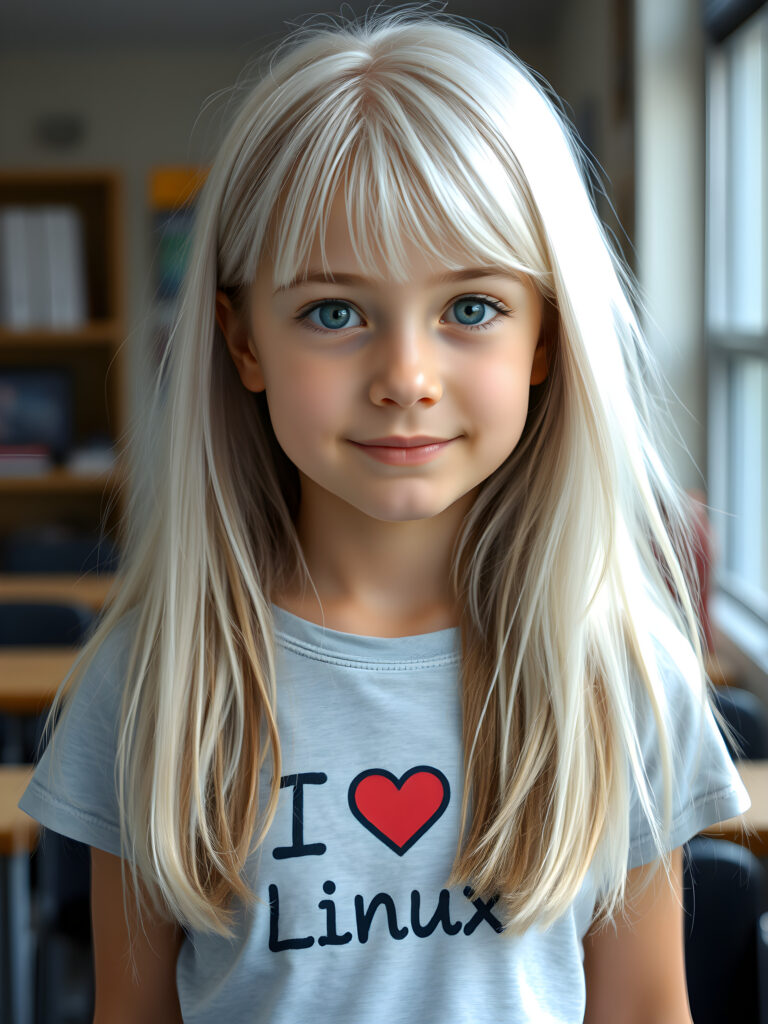 a young girl, long straight open platinum white soft hair with brown highlights, bangs, her hair has the same length right and left, (she wears a light grey thin t-shirt with the inscription («I love Linux»)))), detailed, all against a backdrop in school