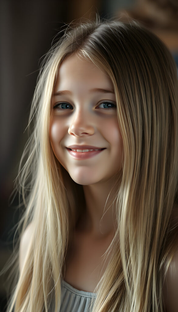 a young girl, long straight detailed blond hair with brown highlights falls down to her back, round face. She is very happy