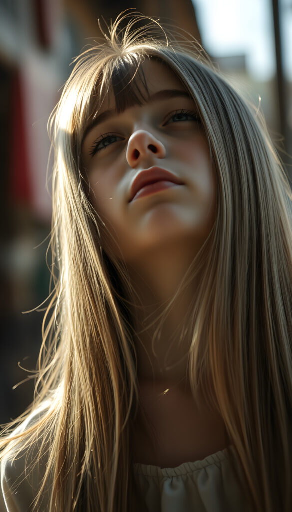 a young girl, looks up, closed eyes, long straight hair falls down to her back, the sun kiss her round face, open mouth