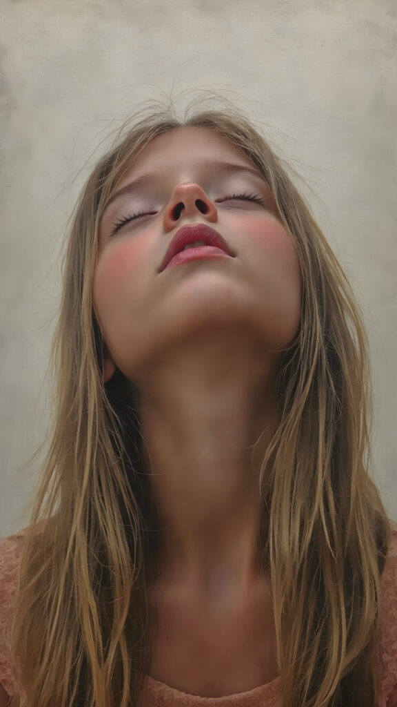 a young girl, looks up, closed eyes, long straight hair falls down to her back, the sun kiss her round face, open mouth