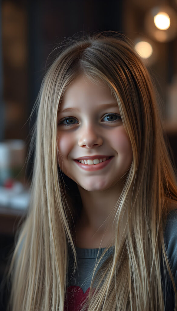 a young girl, long straight detailed blond hair with brown highlights falls down to her back, round face. She is very happy