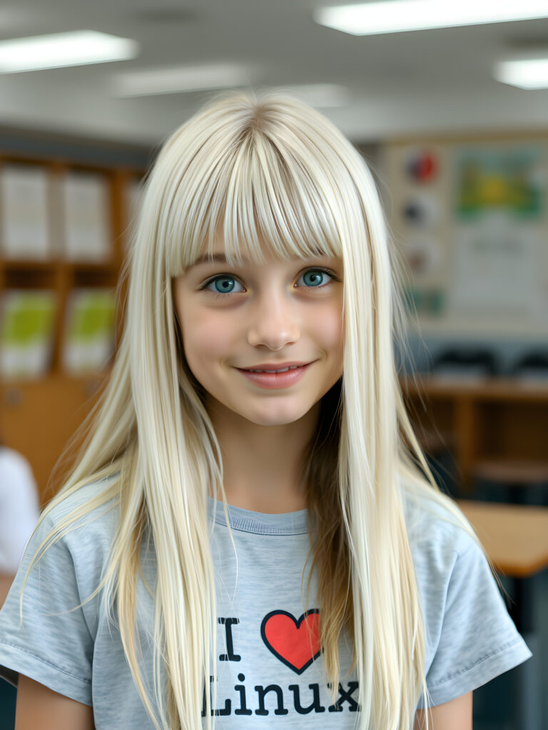 a young girl, long straight open platinum white soft hair with brown highlights, bangs, her hair has the same length right and left, (she wears a light grey thin t-shirt with the inscription («I love Linux»)))), detailed, all against a backdrop in school
