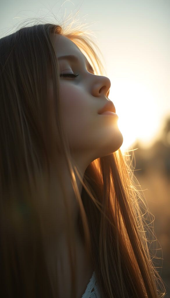 a young girl, looks up, closed eyes, long straight hair falls down to her back, the sun kiss her round face, open mouth