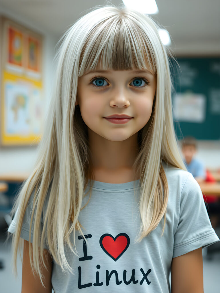 a young girl, long straight open platinum white soft hair with brown highlights, bangs, her hair has the same length right and left, (she wears a light grey thin t-shirt with the inscription («I love Linux»)))), detailed, all against a backdrop in school