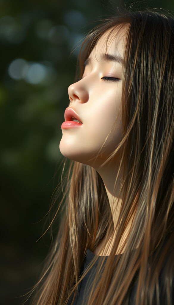 a young girl, looks up, closed eyes, long straight hair falls down to her back, the sun kiss her round face, open mouth