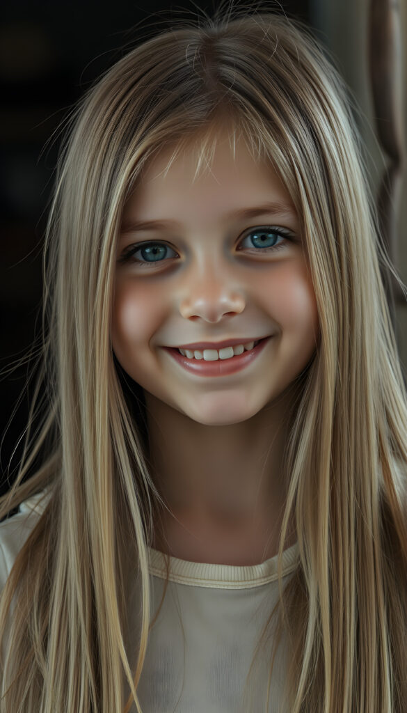 a young girl, long straight detailed blond hair with brown highlights falls down to her back, round face. She is very happy