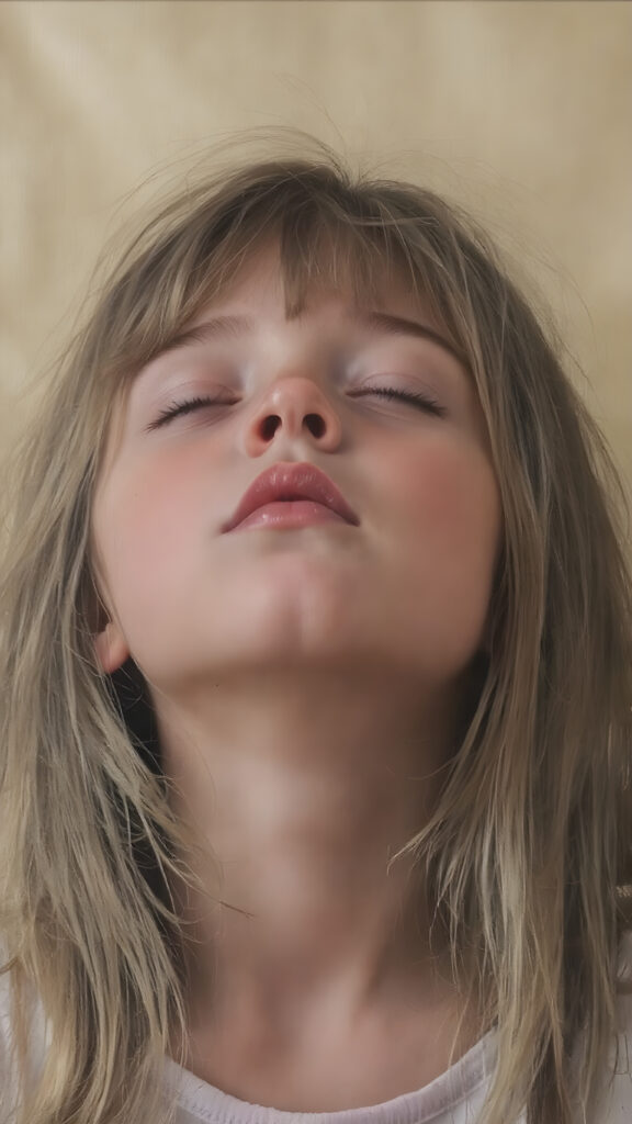 a young girl, looks up, closed eyes, long straight hair falls down to her back, the sun kiss her round face, open mouth