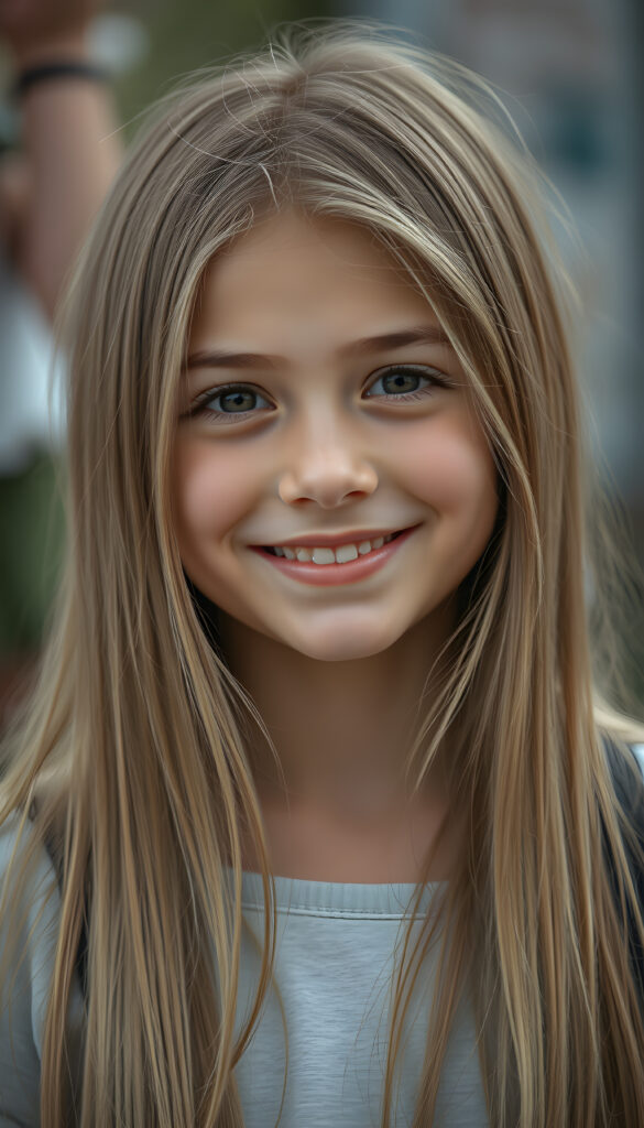 a young girl, long straight detailed blond hair with brown highlights falls down to her back, round face. She is very happy