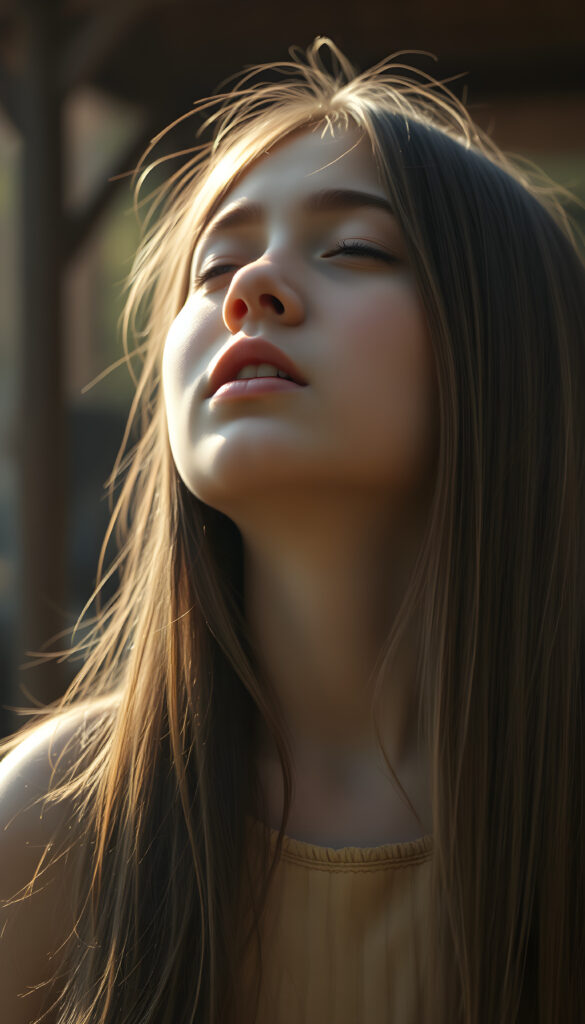 a young girl, looks up, closed eyes, long straight blond hair with brown highlights falls down to her back, the sun kiss her round face, wide open mouth