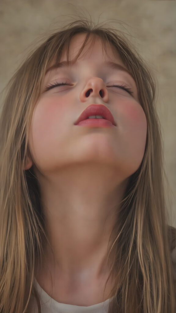 a young girl, looks up, closed eyes, long straight hair falls down to her back, the sun kiss her round face, open mouth